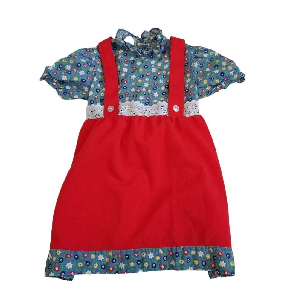 Vintage 70s 2T Girls Dress Pinafore Apron Red Ditsy Floral Eyelet Lace One Piece
